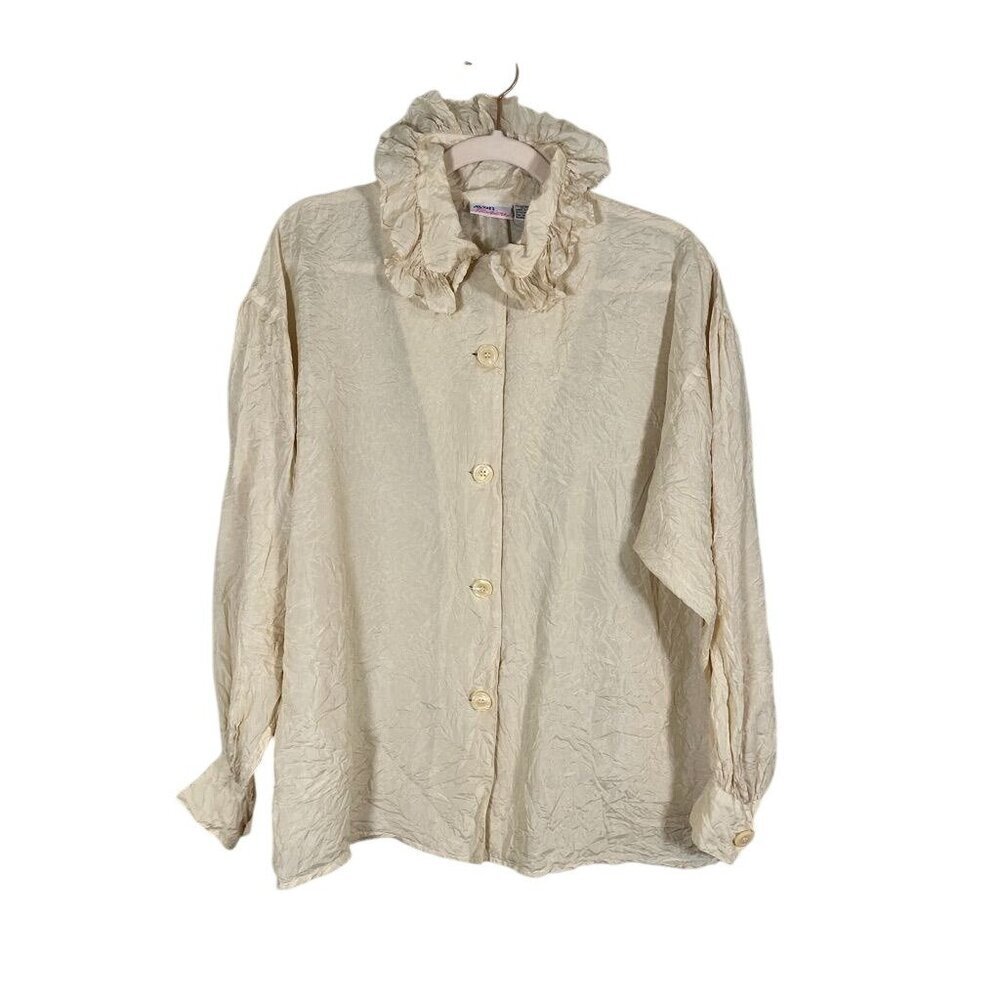 Vintage Silk Ruffle Top 11 Neutral Retro Feminine Minimalist‎ Classic Chic 60s